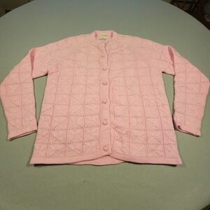 VTG Jeri Jo New York Pink Knit Cardigan Sweater Leaf Detail Women's Large Granny